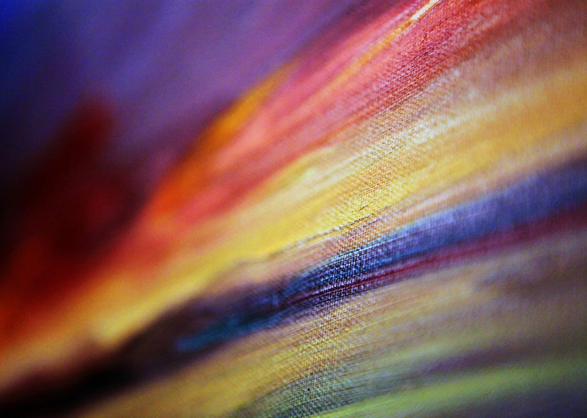 A close-up of a colorful abstract painting with vibrant brushstrokes in shades of red, orange, yellow, and purple. The texture of the canvas and the blending of colors create a dynamic and energetic composition.