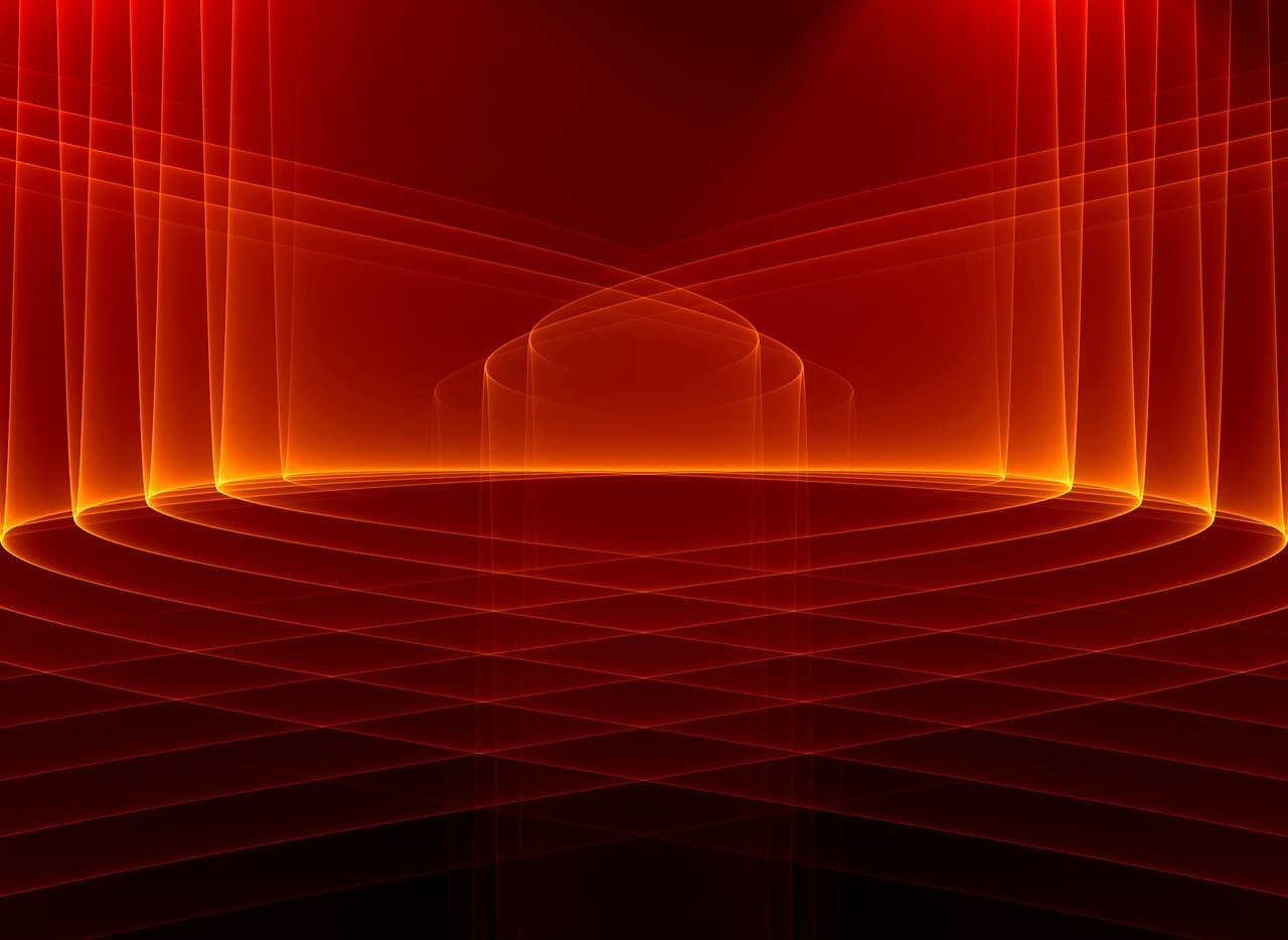 Abstract artwork featuring curved, glowing lines in shades of red and orange, creating a sense of depth and motion against a dark background. The design forms concentric circles and arches, evoking a futuristic atmosphere.