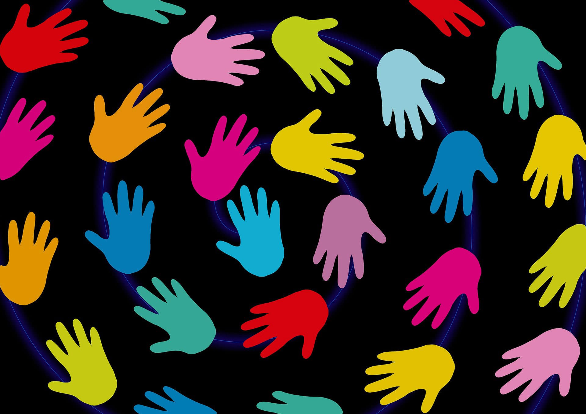 Colorful handprints in various shades of blue, red, pink, yellow, and orange are scattered across a black background, creating a swirling pattern.