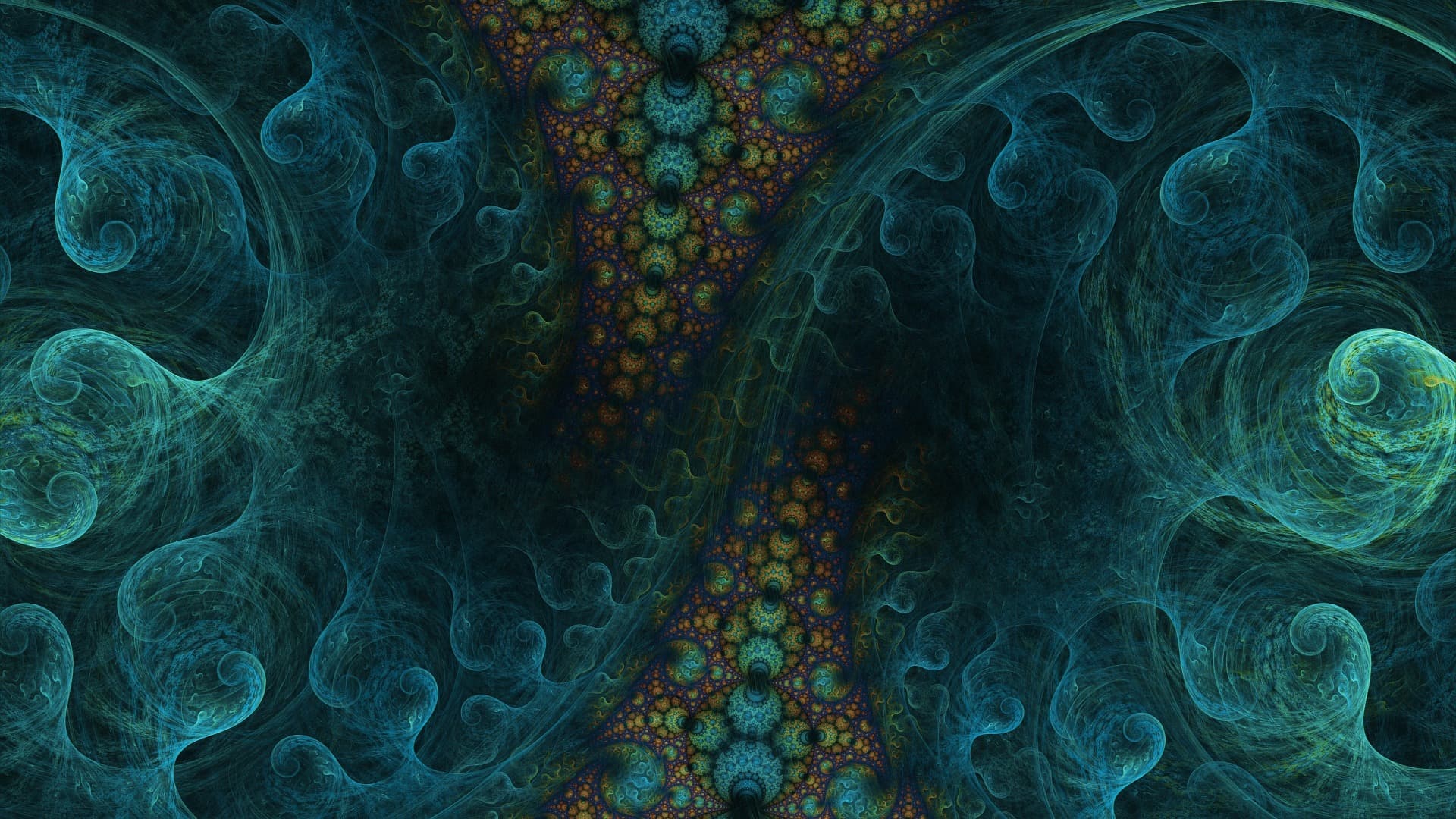 Abstract fractal pattern with swirling teal and green shapes on a dark background. The intricate design features curved, wave-like forms and small, colorful details that create a sense of depth and complexity.