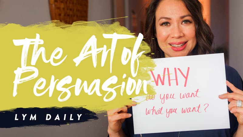 A person is holding a sign with the handwritten text WHY do you want what you want? The image features the words The Art of Persuasion and LYM DAILY prominently.