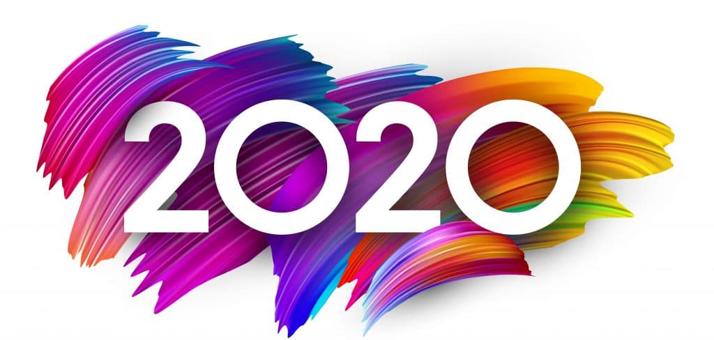 The image displays the year 2020 in bold white numbers over vibrant, multicolored brushstroke backgrounds, featuring shades of purple, pink, blue, orange, and yellow.