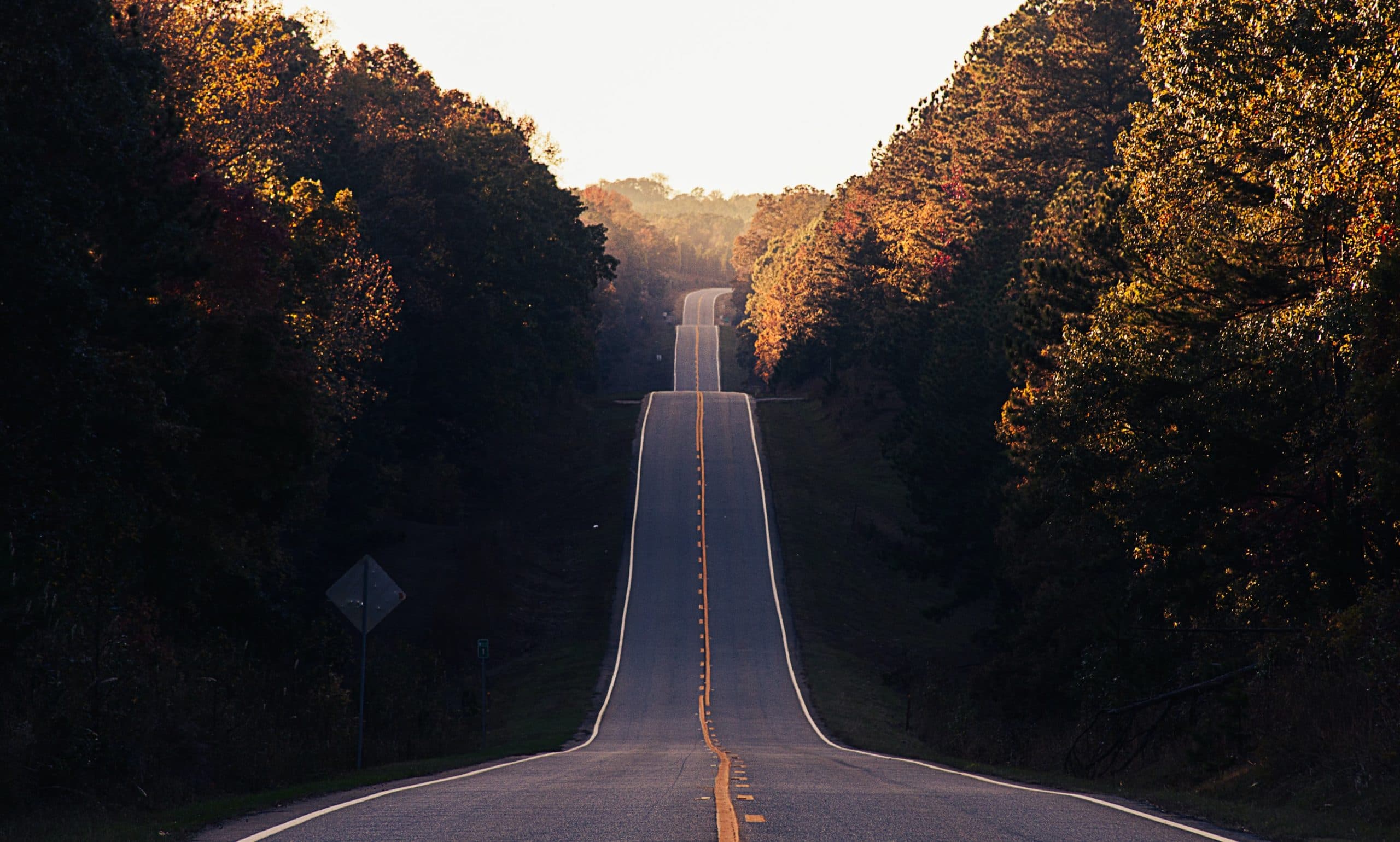 A scenic view of a long, undulating road disappearing into the distance, surrounded by dense trees with autumn foliage on either side. The roads surface is smooth, with a clear yellow centerline marking.