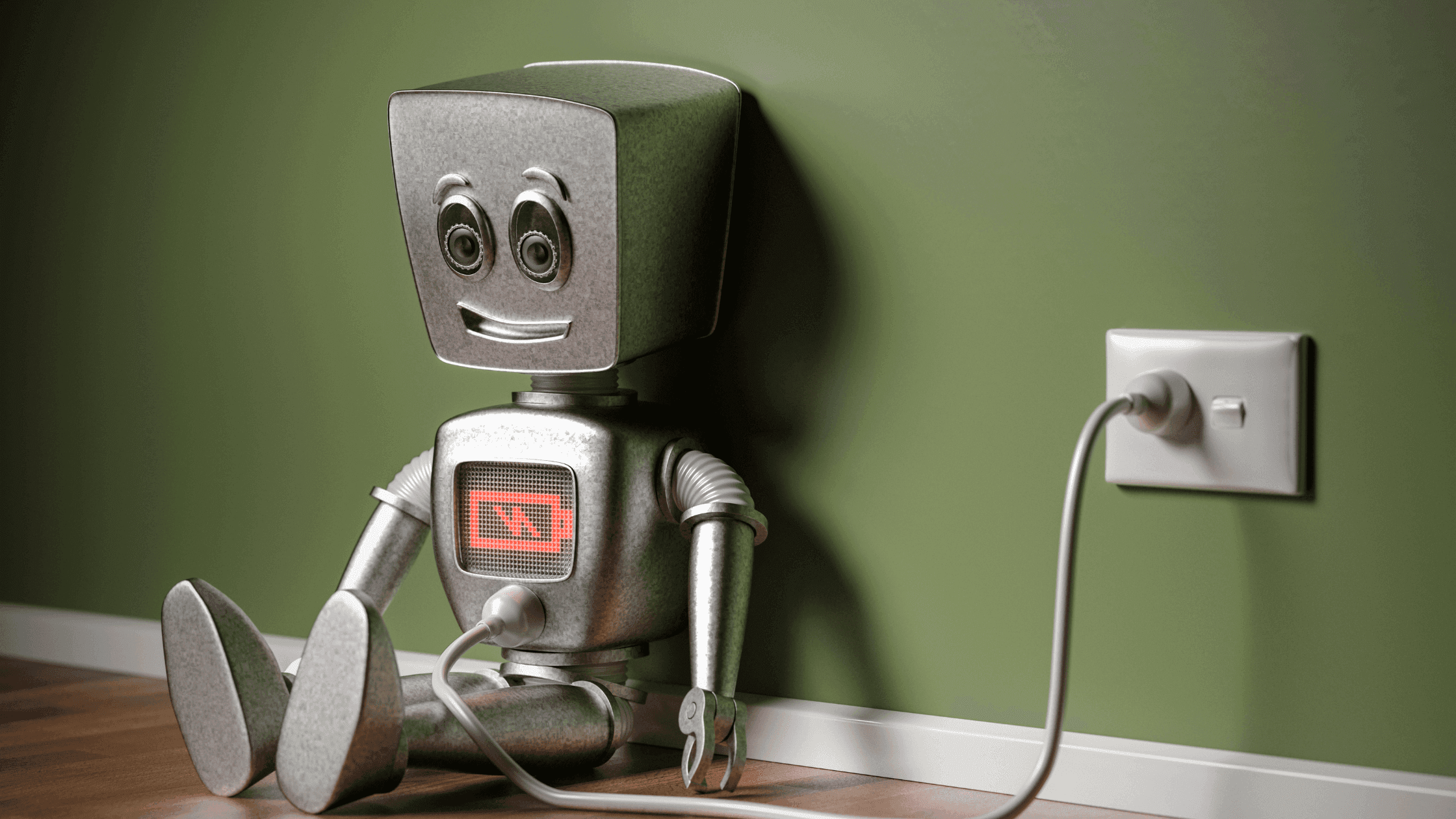 A small, friendly robot with a square head and smiling face sits against a green wall, plugged into an electrical outlet. The robot’s screen displays a battery charging symbol while it sits on a wooden floor.