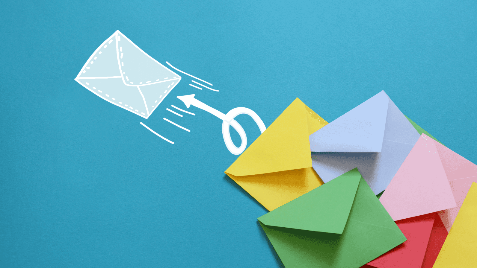 Colorful envelopes scattered on a blue background, with a white illustration of an envelope flying upwards.