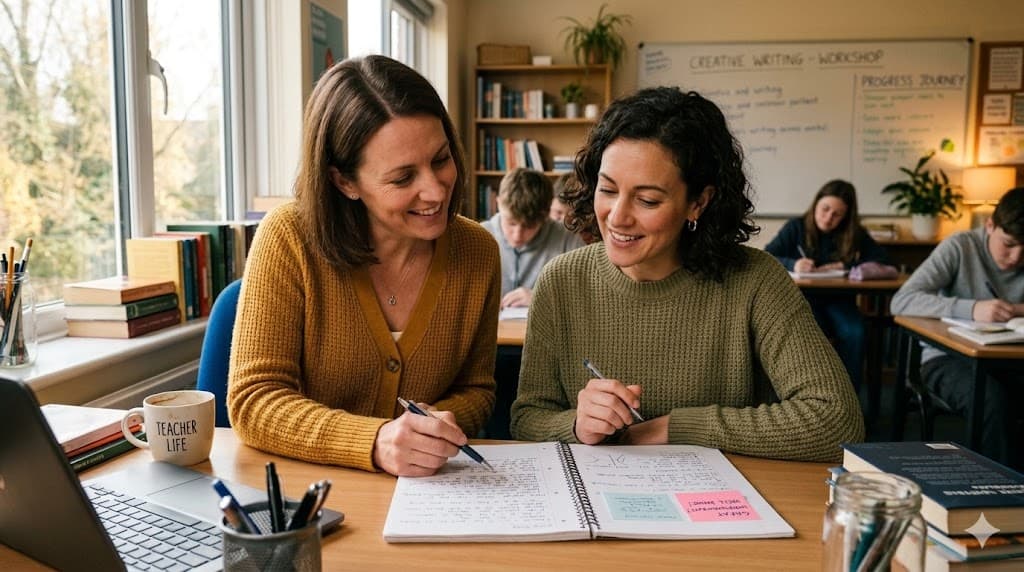 Two women sit at a desk smiling and discussing notes in an open notebook during a creative writing workshop, with other students working in the classroom in the background. A mug labeled Teacher Life sits nearby.