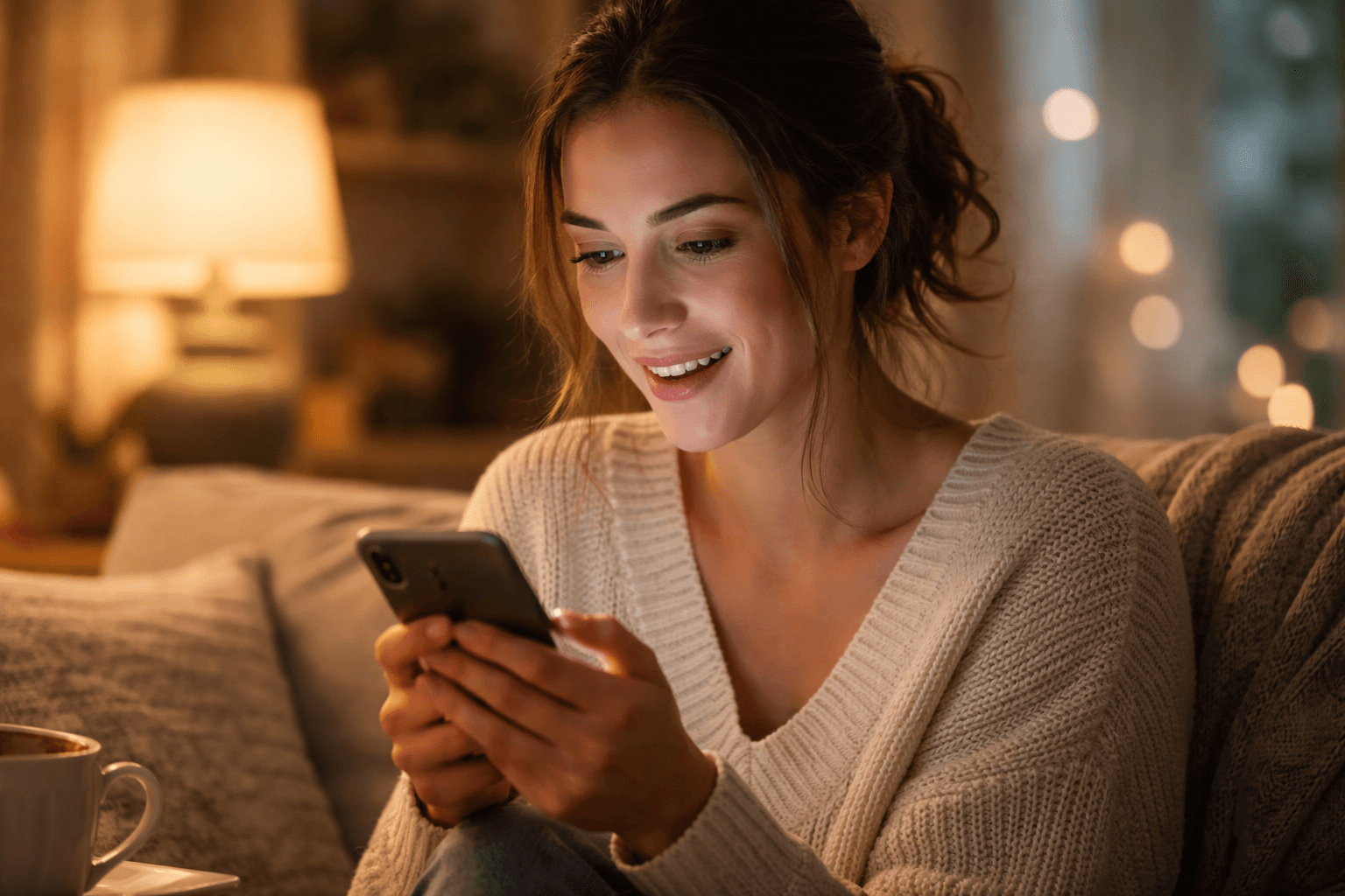 A young woman with brown hair in a cozy sweater sits on a sofa, smiling as she looks at her smartphone. Warm, soft lighting and blurred decorative lights create a relaxed, inviting atmosphere.