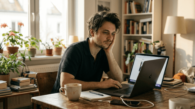 A man sits at a wooden table in a cozy room, looking tired while working on a laptop. He rests his head on his hand. The table holds a coffee cup, notebook, and phone. Books and plants are visible in the background.