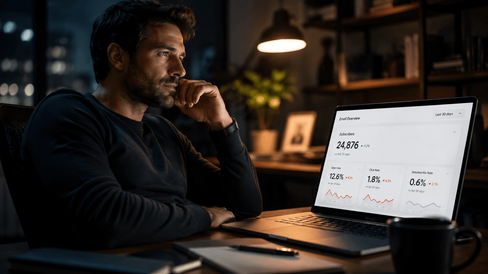 A man sits at a desk in a dimly lit office, thoughtfully looking at a laptop displaying graphs and statistics, including subscriber numbers and growth rates. The workspace features warm lighting and blurred decor in the background.