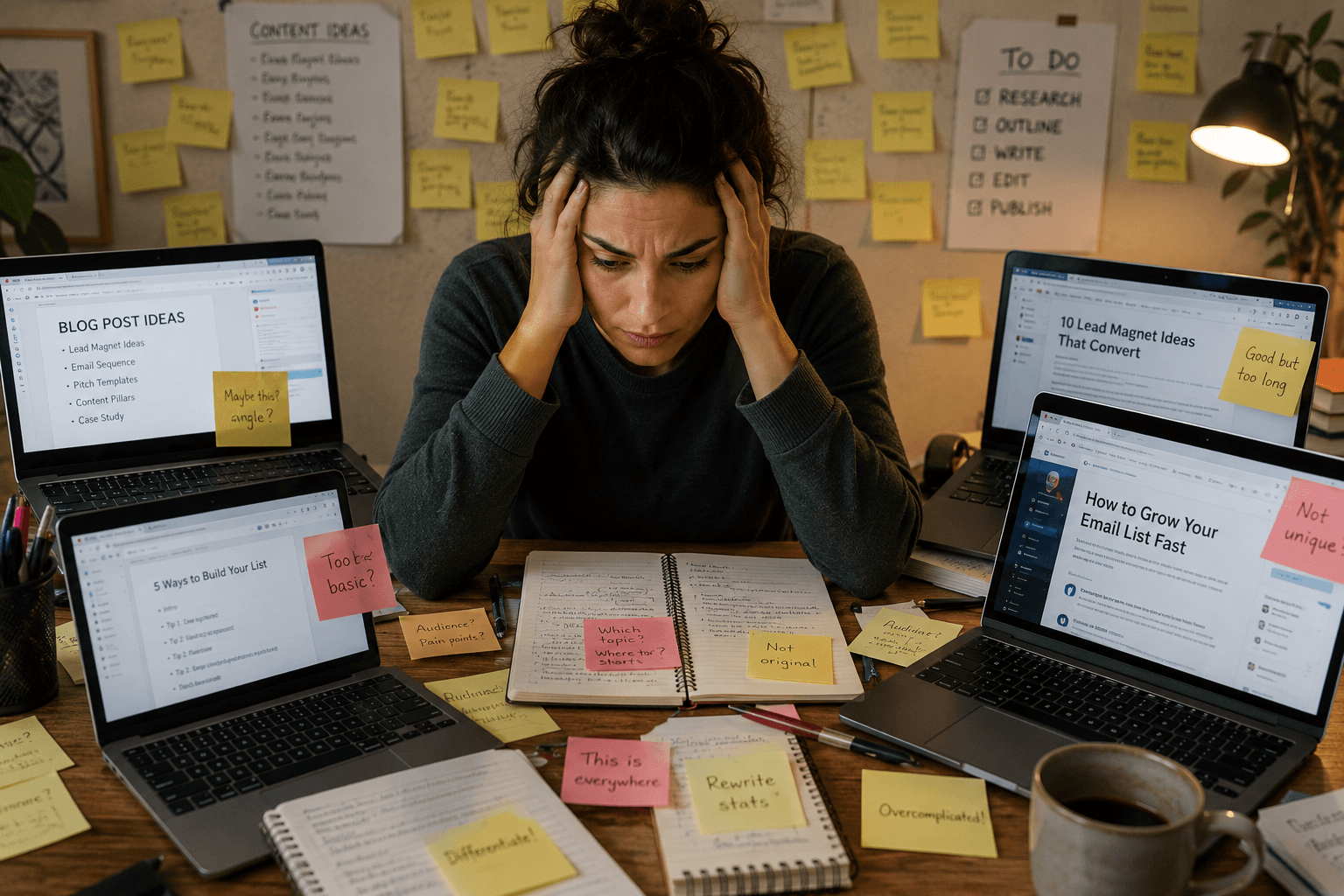 A stressed person sits at a cluttered desk with four laptops, notebooks, and many sticky notes, appearing overwhelmed by content planning and workload.