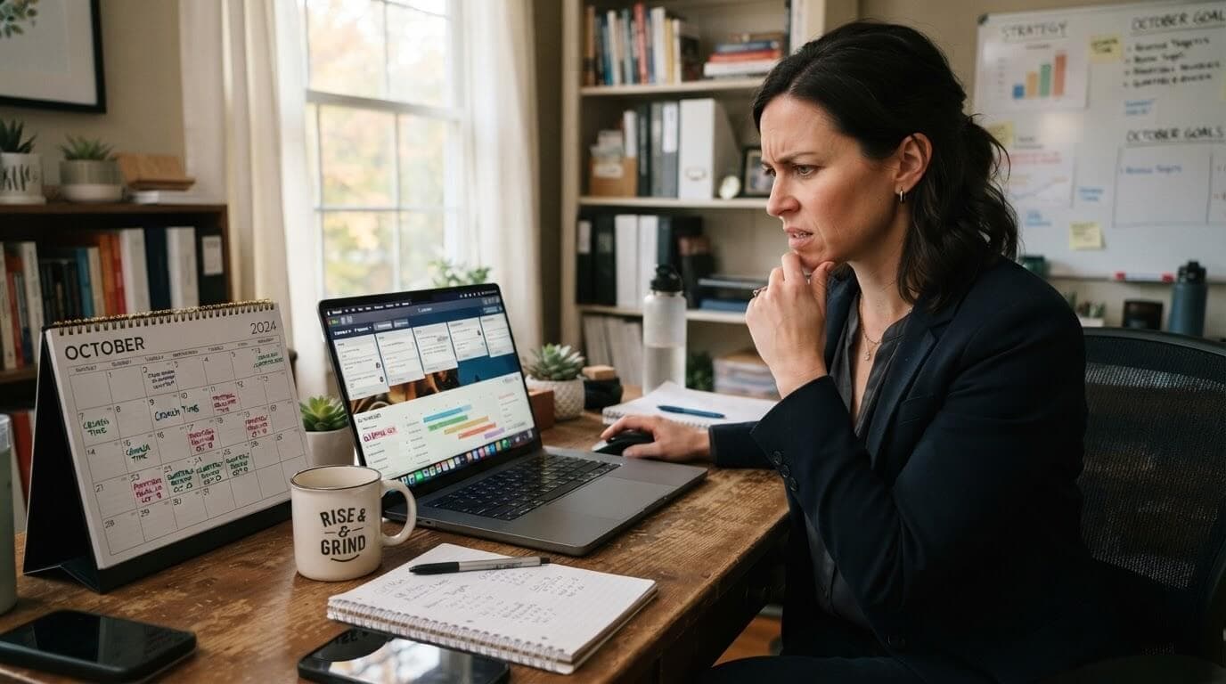 A woman in business attire sits at a desk with a laptop, calendar, notepad, and coffee mug, appearing focused and concerned as she looks at her screen in a home office setting.