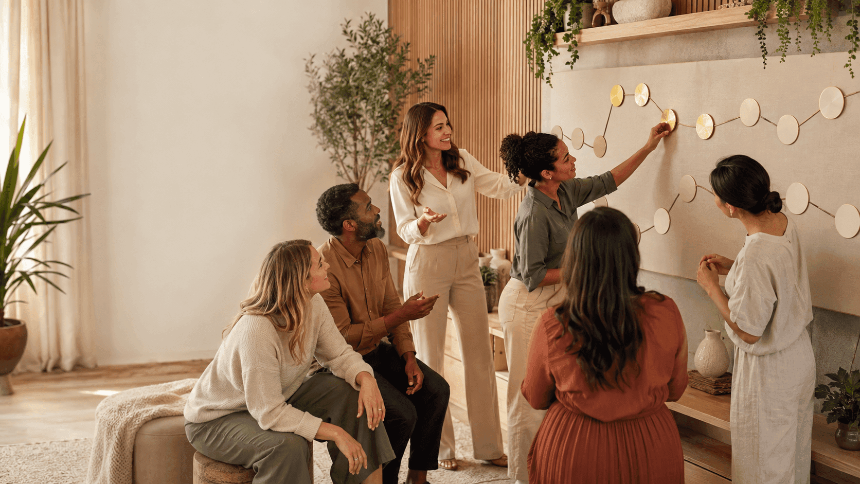 Six people are gathered in a cozy, plant-filled room, collaborating and discussing while placing circular notes on a large board with connecting lines.