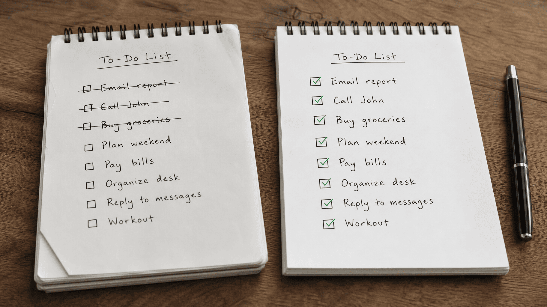 Two notepads with identical to-do lists. The left pad has crossed-off tasks, while the right pad has checked boxes. A black pen sits next to the notepads on a wooden surface.