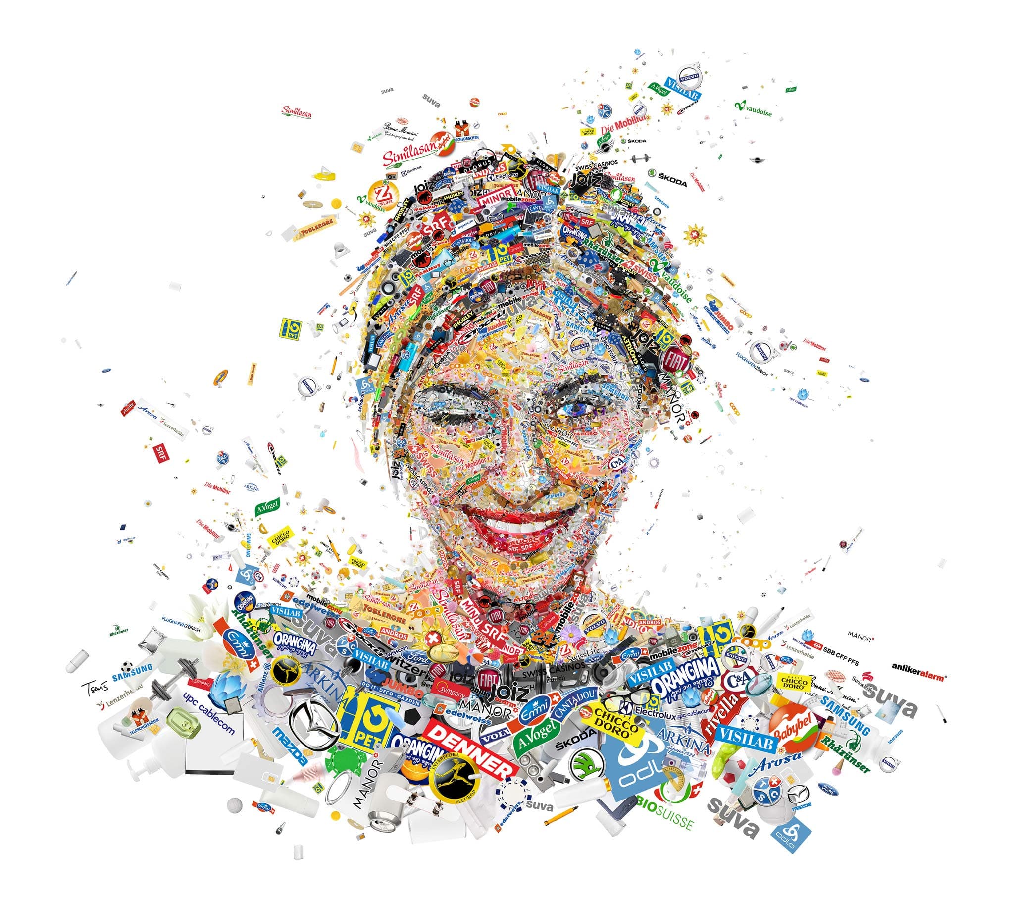 A womans face composed of colorful, fragmented pieces of various logos and brand images, creating a vibrant mosaic effect against a plain white background.
