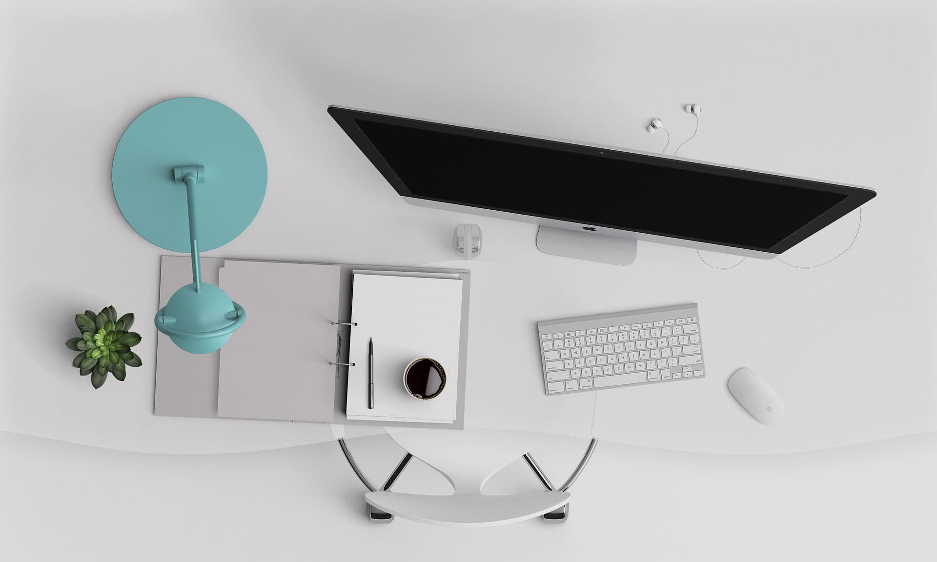 A minimalist workspace featuring a desktop computer with a black screen, white keyboard and mouse, a notebook, a cup of coffee, earphones, a small potted succulent, and a turquoise desk lamp on a white surface.