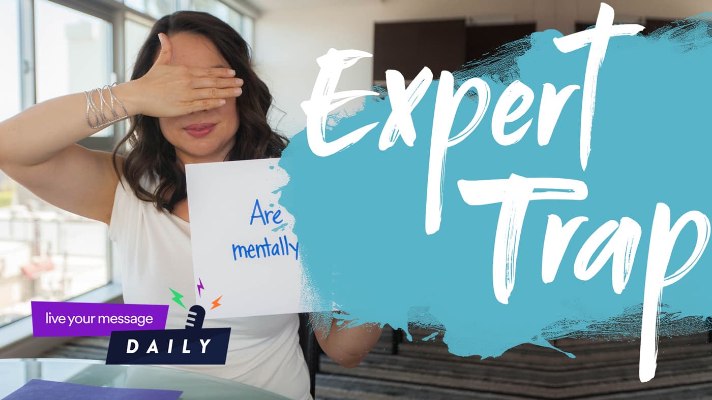 A woman covers one eye with her hand while holding a sign that reads Are mentally. The words Expert Trap are written in bold on a colored background. A small label reads live your message DAILY.