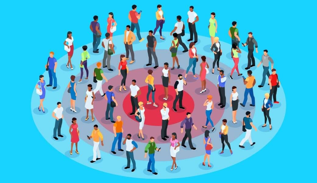 Illustration of diverse people standing in a circular pattern on a blue background. The group is arranged around concentric circles, showcasing a variety of poses and interactions, symbolizing community and diversity.