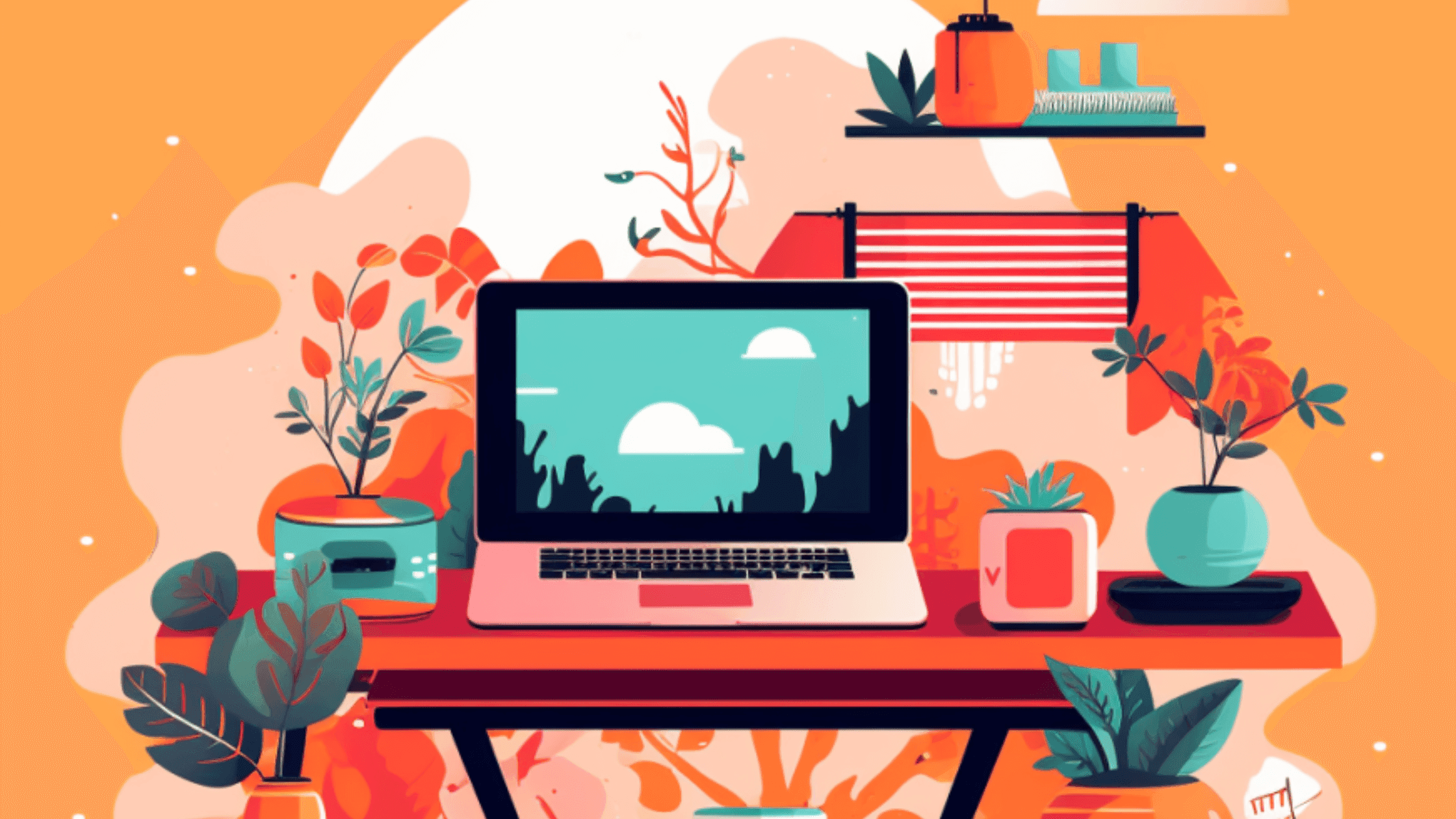 A colorful illustration of a workspace featuring a laptop on a wooden desk, surrounded by various potted plants. The background is a vibrant blend of orange and teal, enhancing the lively atmosphere.