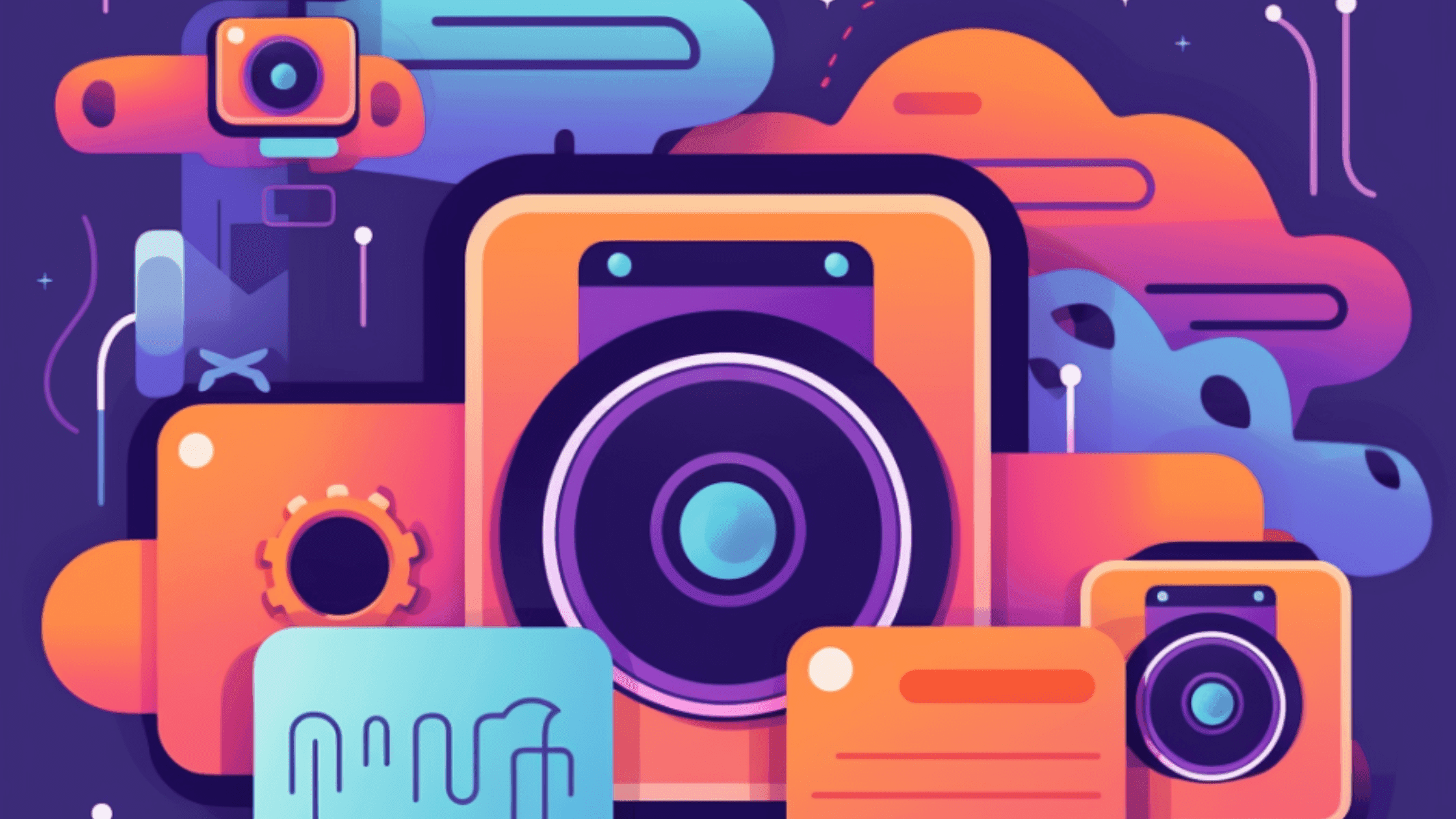 Illustration of colorful, abstract shapes resembling cameras and lenses against a dark purple backdrop. Elements are in vibrant orange, blue, and pink hues, with cloud-like formations and geometric patterns adding depth and dimension.