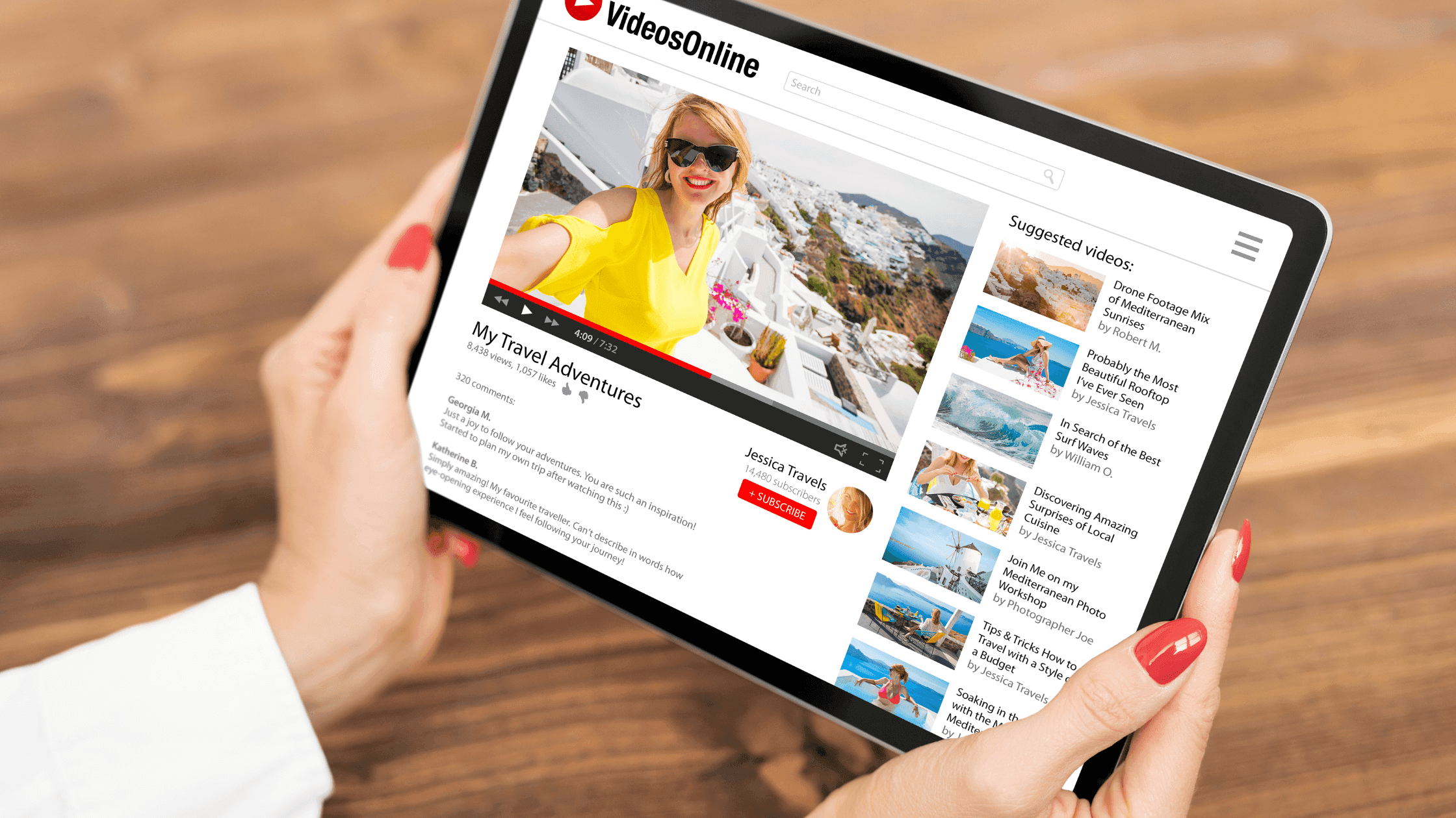 Person holding a tablet showing a video titled My Travel Adventures on a video streaming site. The screen features a woman in a yellow dress with sunglasses, smiling. A list of suggested videos appears on the side.