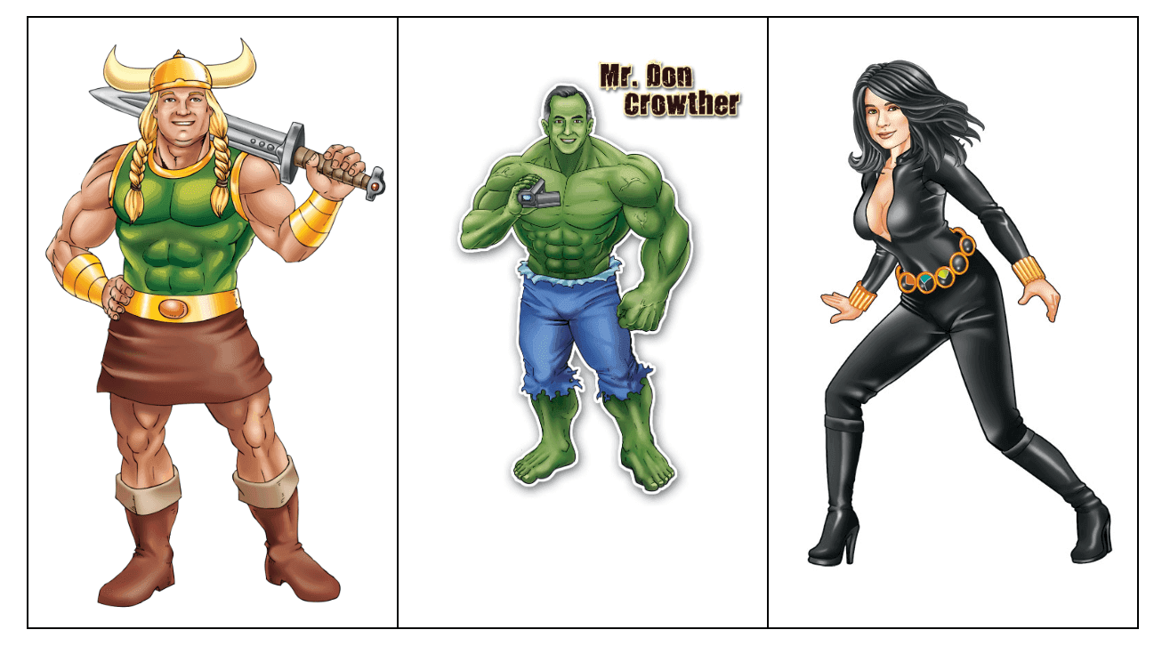 A cartoon illustration featuring three characters: a Viking warrior holding a sword on the left, a muscular green figure labeled Mr. Don Crowther in the center, and a woman in a black outfit and high heels on the right.