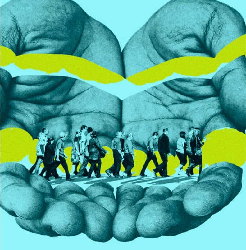 A surreal image features a crowd of people walking within giant, cupped hands. The hands are in shades of blue with a greenish-yellow background, creating a contrasting and thought-provoking visual effect.
