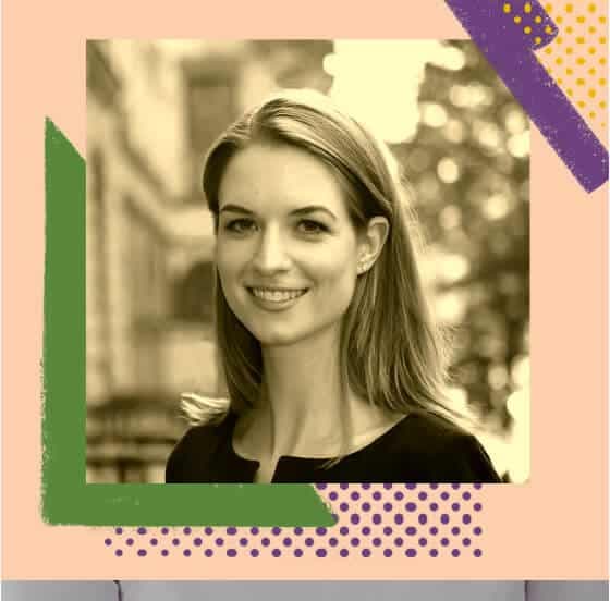 A woman with long hair smiles at the camera in a sepia-toned photograph. The image is framed by colorful geometric shapes in green, purple, and yellow on the corners. The background appears to be an outdoor setting.