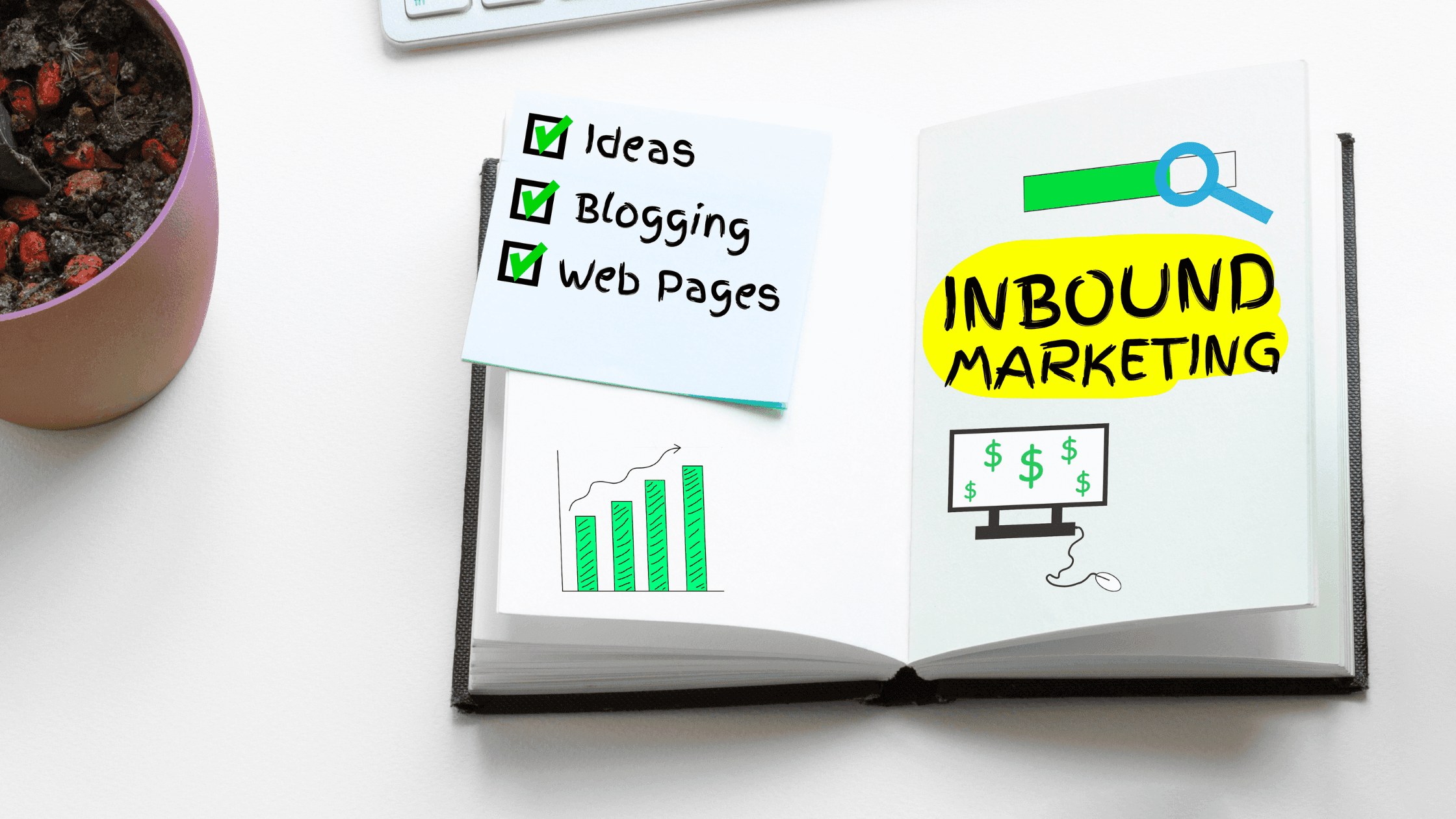 An open notebook displays a page with colorful graphics labeled INBOUND MARKETING, with charts and dollar signs. A sticky note on the left lists Ideas, Blogging, and Web Pages with checkmarks. A potted plant is visible to the left.