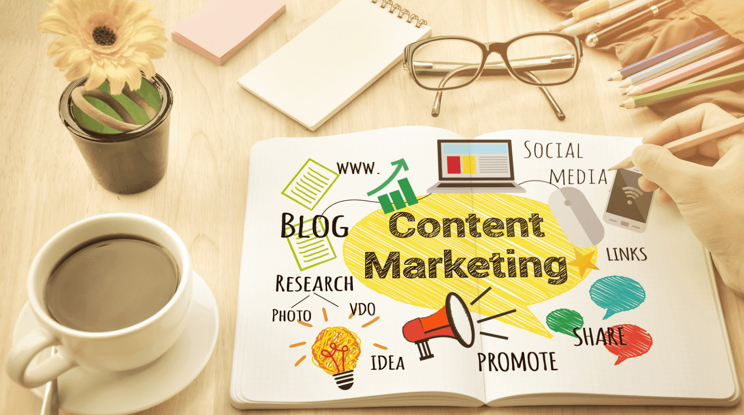 A desk with coffee, glasses, flower, smartphone, and an open notebook displaying the words Content Marketing with illustrations of a megaphone, light bulb, and related terms like Social Media, Blog, and Promote.