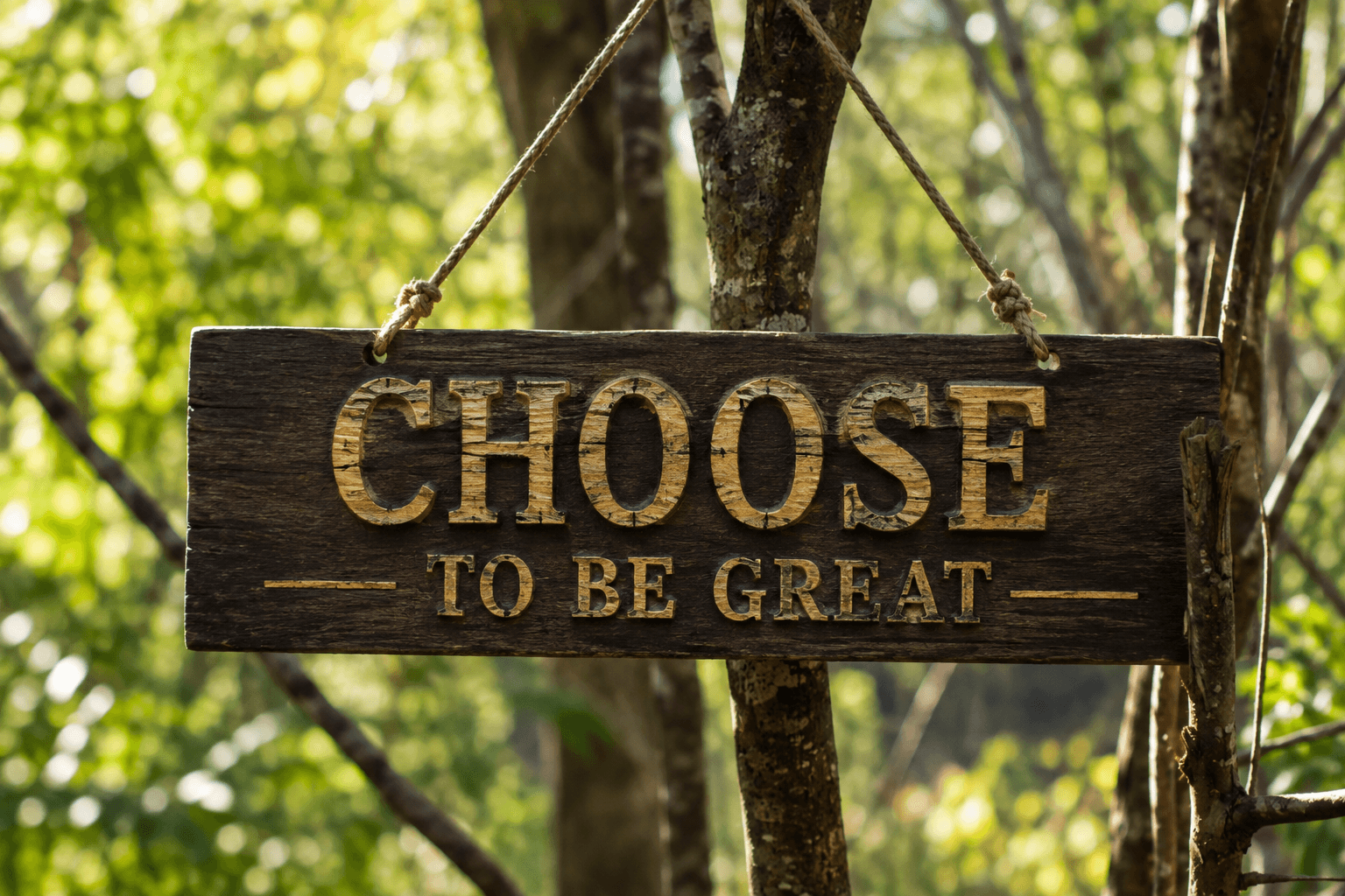 A wooden sign hanging on a tree reads CHOOSE TO BE GREAT with sunlight filtering through green leaves in the background.