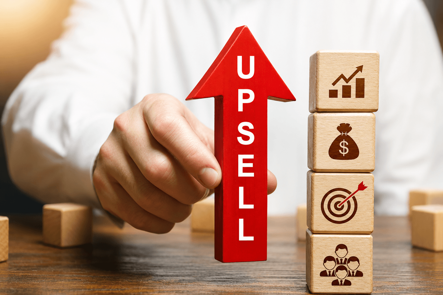 A person holds a red arrow labeled UPSELL next to wooden blocks displaying icons for growth, money, target, and teamwork, symbolizing business success.