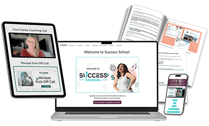 A laptop, tablet, smartphone, and open workbook display digital course materials, including a welcome screen, coaching call, and worksheets, representing an online success or coaching program.
