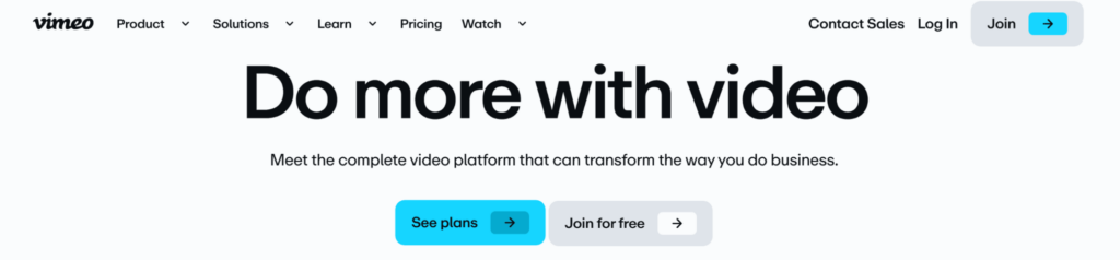 Vimeo website homepage with the slogan Do more with video and buttons for See plans and Join for free. Options for Products, Solutions, Learn, Pricing, and Watch are visible at the top.