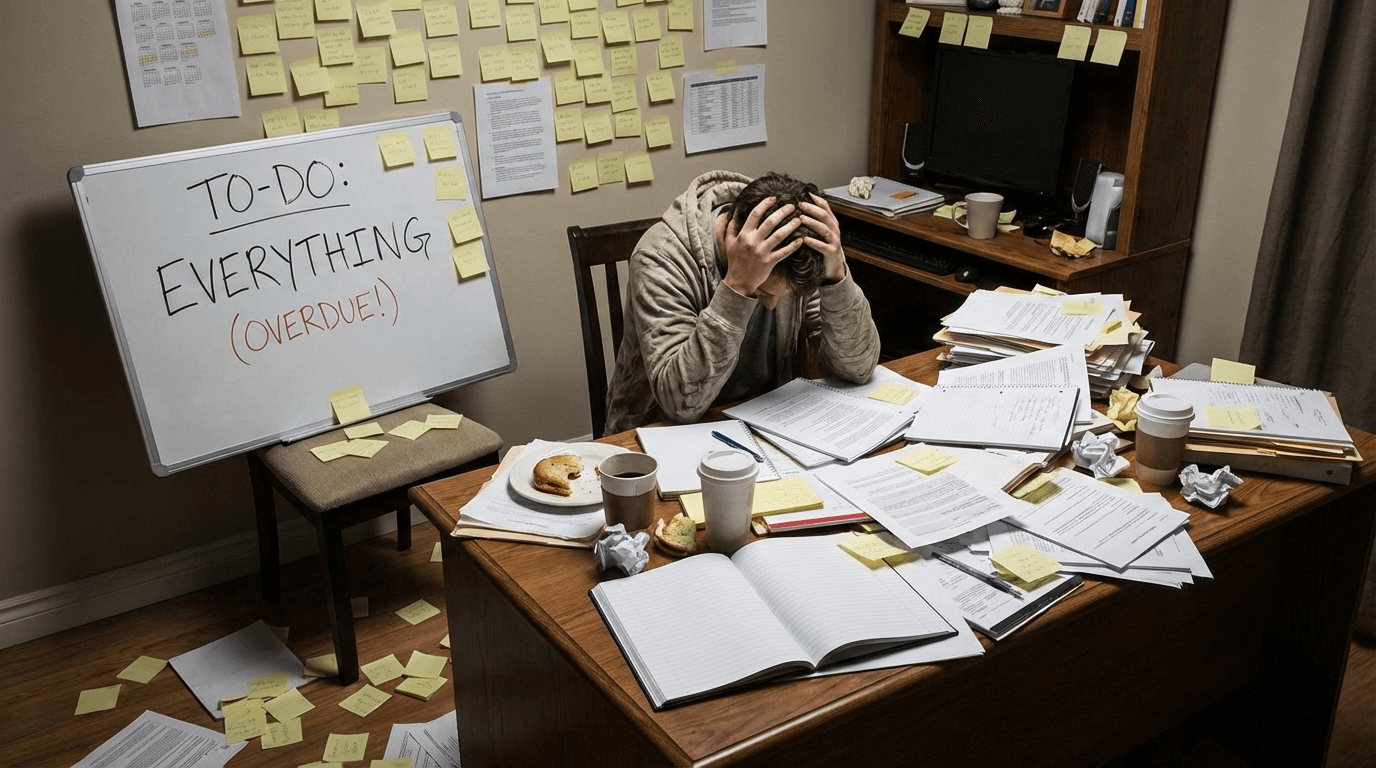 A person sits at a cluttered desk, head in hands, surrounded by paperwork, coffee cups, and sticky notes. A whiteboard reads “TO-DO: EVERYTHING (OVERDUE!).” The scene suggests stress and overwhelming workload.