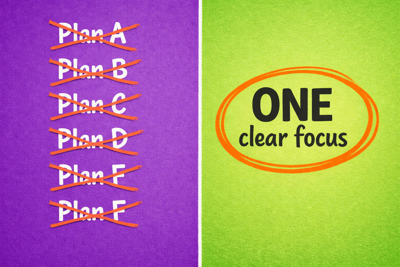 A split image: the left side shows Plan A through Plan F crossed out on a purple background; the right side has ONE clear focus circled in orange on a green background.