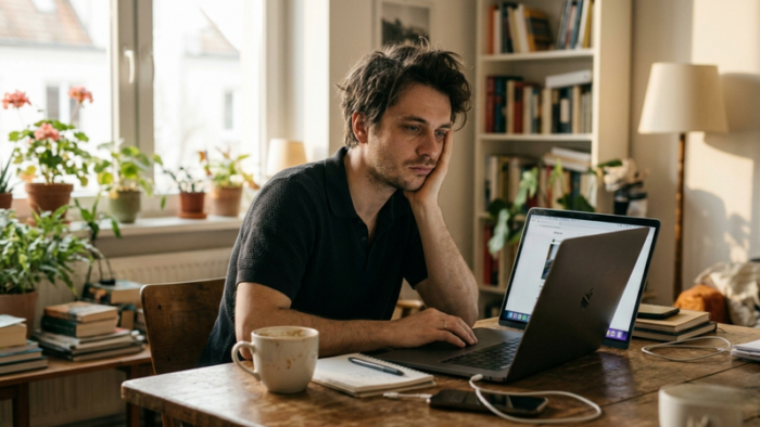 A man sits at a wooden table in a cozy room, looking tired while working on a laptop. He rests his head on his hand. The table holds a coffee cup, notebook, and phone. Books and plants are visible in the background.