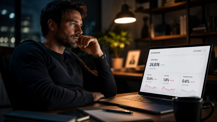 A man sits at a desk in a dimly lit office, thoughtfully looking at a laptop displaying graphs and statistics, including subscriber numbers and growth rates. The workspace features warm lighting and blurred decor in the background.
