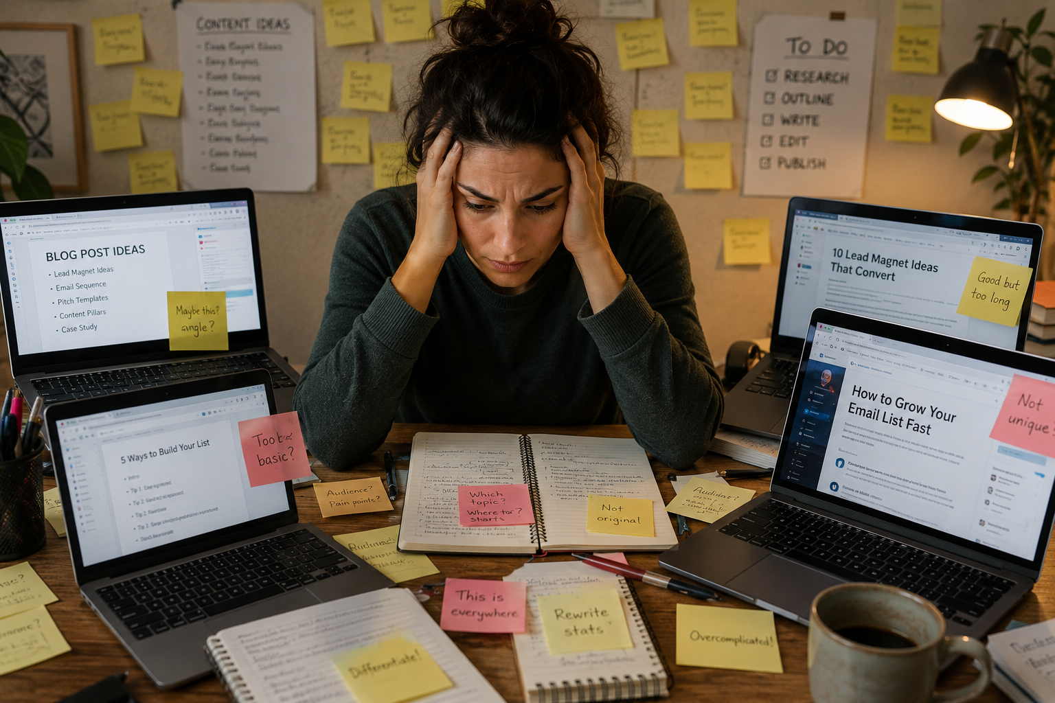A stressed person sits at a cluttered desk with four laptops, notebooks, and many sticky notes, appearing overwhelmed by content planning and workload.