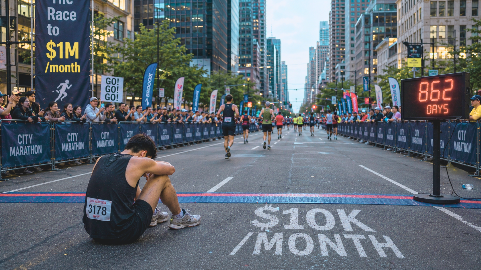 A marathon runner sits exhausted past the finish line on a city street, surrounded by cheering crowds. A digital timer reads 862 days, and $10K/MONTH is marked on the road. Banners and signs line the course.