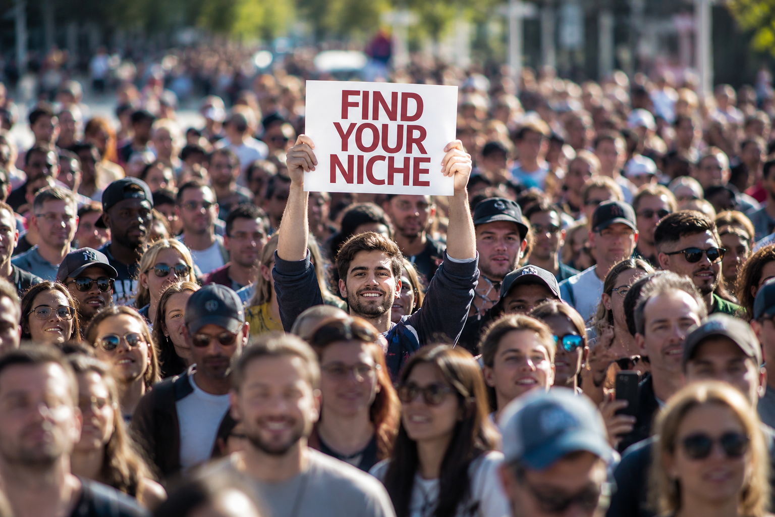 A man in a large crowd holds up a sign that says FIND YOUR NICHE while smiling, with many people around him, outdoors and in daylight.